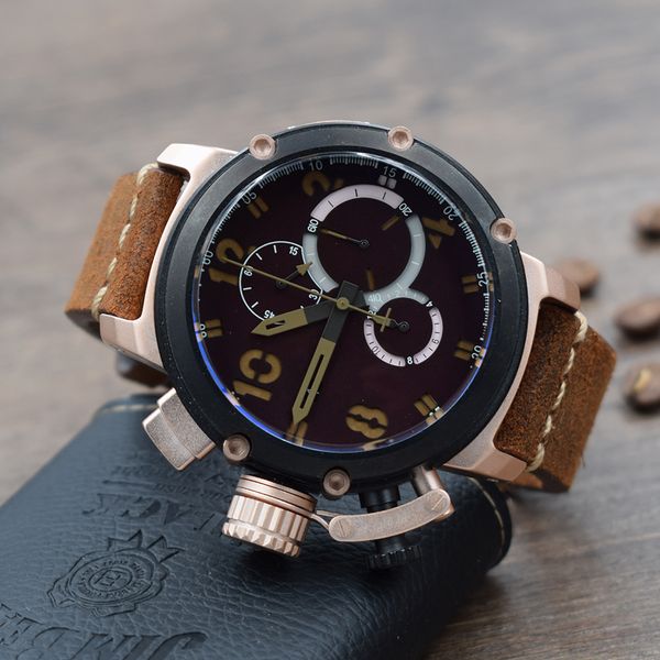 

deluxe sport style men's watch rose gold black shell quartz multifunction satch leather strap u large dial 6 pointer wrist watch, Slivery;brown