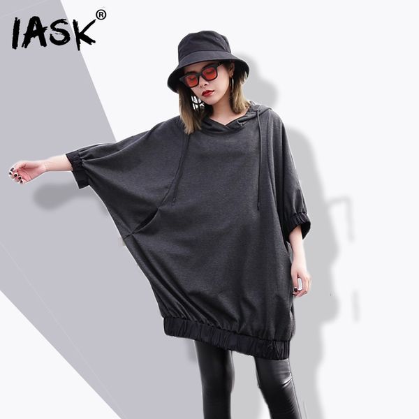

iask] 2018 summer new fashion black hooded half batwing sleeve grey loose big size individuality women sweatshirt je73201