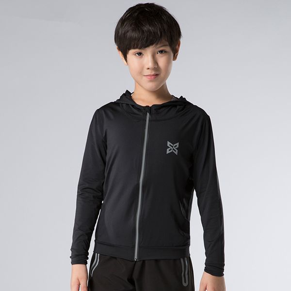

kids boys girls running jackets sweaters compression tights fitness sports youth soccer football hooded jacket reflective zipper, Black;red