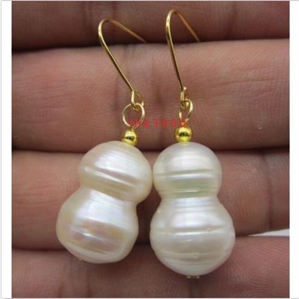 

pair south sea natural white 13-15 x 20-23mm pearl earring 14k yellow gold hook, Golden