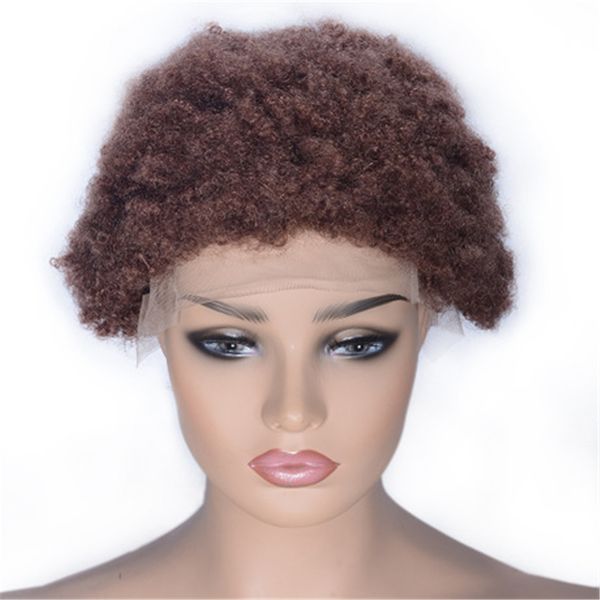 

short lace front human hair wigs #33 brazilian hair afro curly wig swiss lace for black women, Black;brown