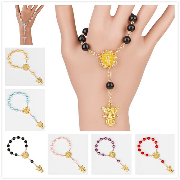 Neue Ankunft 8mm Nachahmung Perle Perle Heilige Rosenkränze Armband Katholischen Rosenkranz Armbänder Gold Flügel Anhänger für Frauen Geschenk