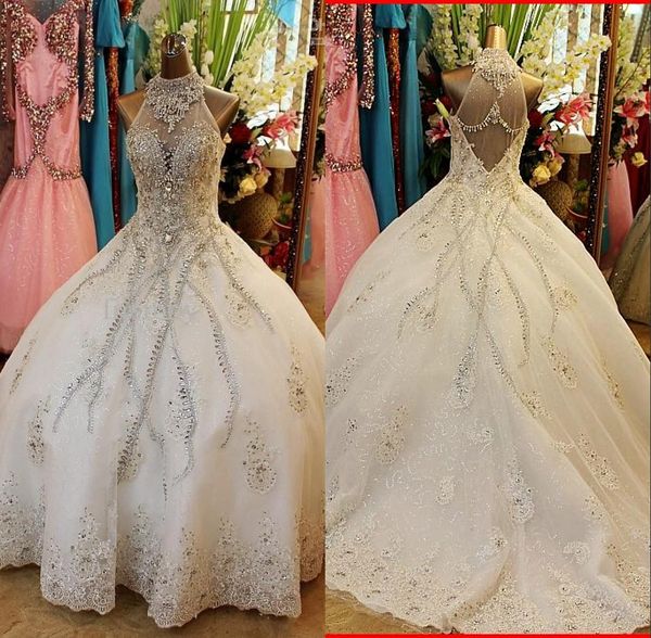 

luxury ball gown wedding dresses high neck bling shining crystal appliqued organza chapel train plus size backless bridal gowns, White