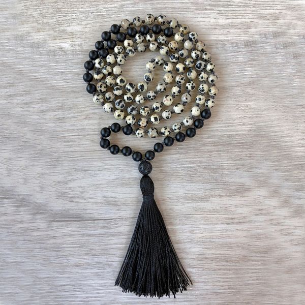 

black tassel jewelry yoga prayer beads 108 necklace meditation healing lava dalmation j-asper stone knotted necklace, Silver