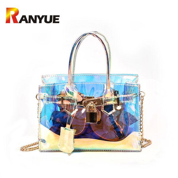 

ranyue spring transparent patent women bag small lock pvc jelly shoulder messenger bagslaser holographic chains ladies handbags