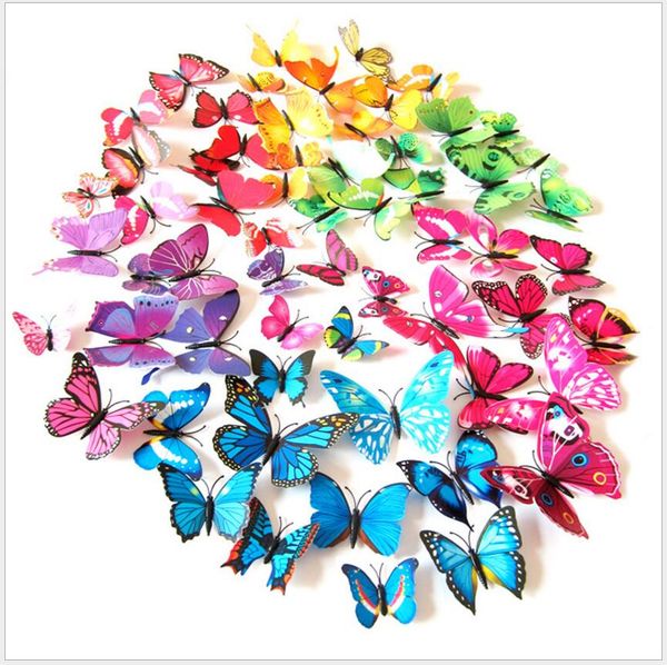 12pcs / lote 3D Borboleta Ima De Geladeira Imãs Decor decorativo Decorativo Adesivos Cor Estereoscópico Adesivo de Parede Decoração