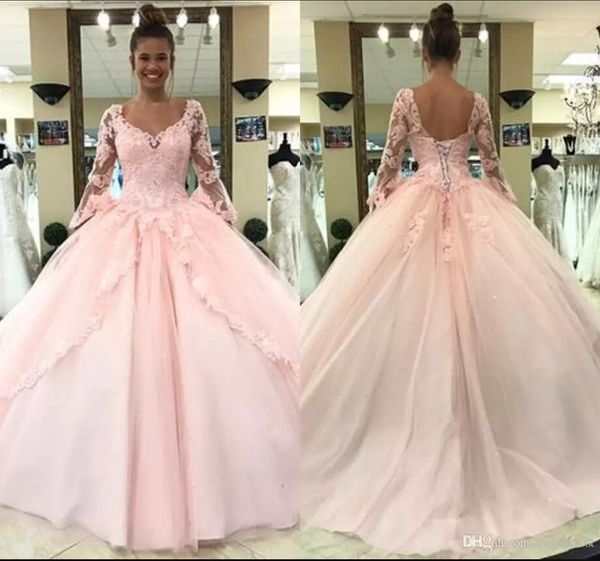 

2019 розовые платья Quinceanera с длинным рукавом труба жемчужина шеи иллюзия лиф апплик