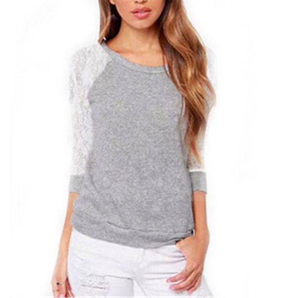 

cotton long sleeve slim women t-shirt autumn women fashion gray casual t-shirts loose lace sleeves daily wear, White