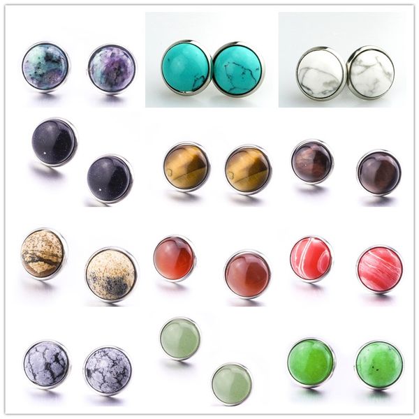 

fashion round 12mm natural stone druzy stud earrings turquoise stainless steel earrings for women jewelry, Golden;silver