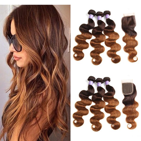 

4/30 ombre weave bundles with closure body wave brazilian virgin human hair ombre 3 bundles with lace closure hair extension 12-26 inch, Black;brown