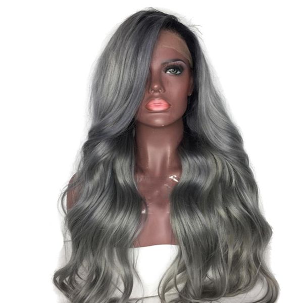 

glueless full lace human hair wigs ombre grey brazilian body wave lace front human hair wig two tone ombre grey full lace wig, Black;brown