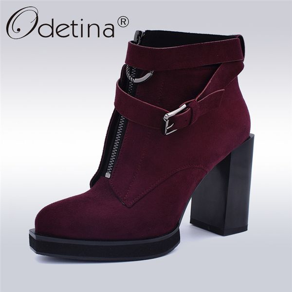 New Frauen Odetina Vorne Winter Schuhe Reißverschluss Platz Leder Plattform Heels Schnalle Fashion Flock Großhandel Von Stiefeletten Stiefel High Lady cRAj5q4L3