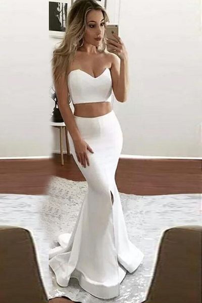 

elegant women custom sleeveless mermaid long satin white evening dresses with slit vestido de festa strapless sweetheart prom gowns, Red