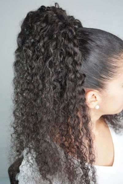 

wraps around natural color kinky curly human hair ponytail hairpieces 140g peruvian virgin hair drawstring ponytail, Black