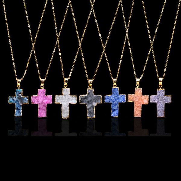 

new natural stone cross pendant necklace crystal healing point chakra gemstone druzy crucifix charm chain for women fashion jewelry, Silver