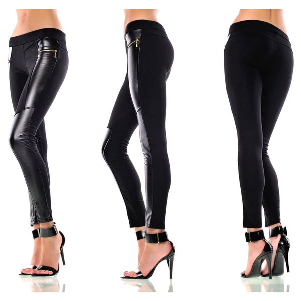 

women patchwork stitching zipper pocket charm tights stretch pants, Black