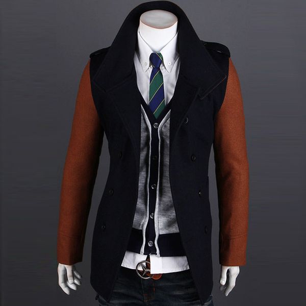 

new 2014 winter casual color match patchwork mens woolen jackets double breasted slim fit outerwear thicken man coat -xxl, Tan;black