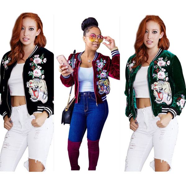 

Women Designer Coats Velour Tiger Flower Embroidery Short Baseball Jackets Fashion Coats