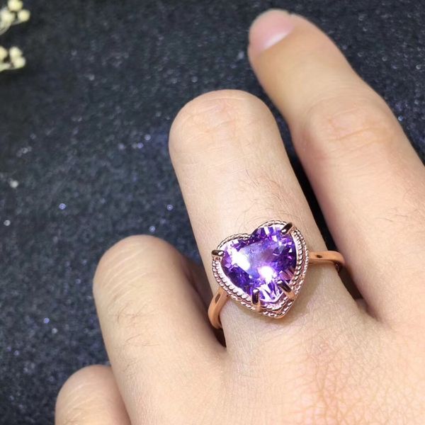 

natural real amethyst ring love heart ring 925 sterling silver 10*10mm gemstone for men or women rings fine jewelry, Golden;silver