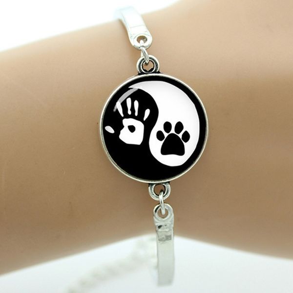 

tai ji yin yang bracelet vintage handprint dog paw print footprint tai chi jewelry animal cat dog lover bracelets t824, Black