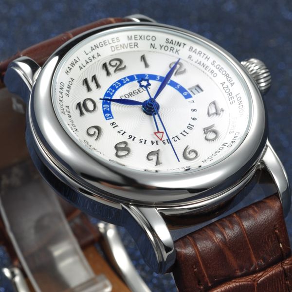 

43mm corgeut white dial blue hand gmt date window automatic2005sw, Slivery;brown
