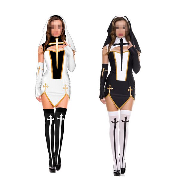 Virgem Maria Sexy Fato Fato Adulto Mulheres Cosplay Vestido com Capuz Preto para Halloween Sister Cosplay Festa Fato Nun Outfits Y1892611