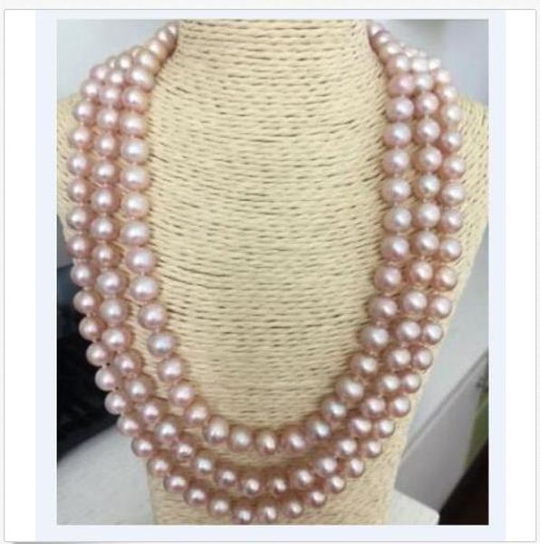 

2019 triple strands huge 9-10mm south sea lavender round pearl necklace 18"19"20"14k, Silver