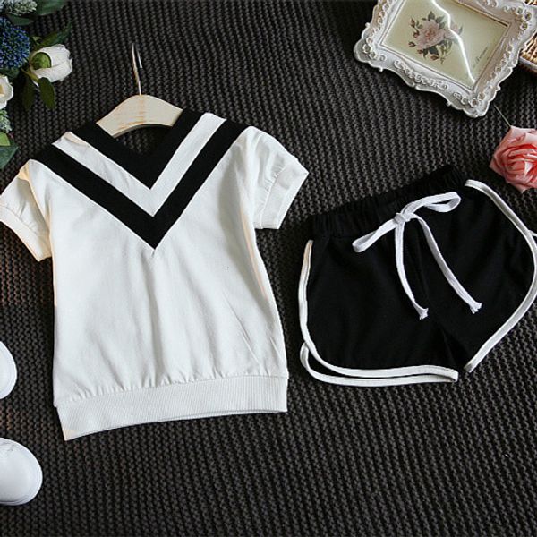 

cotton girls clothes sets 2018 summer kids outfits girls t-shirt shorts casual sport suits 2pcs children set, White