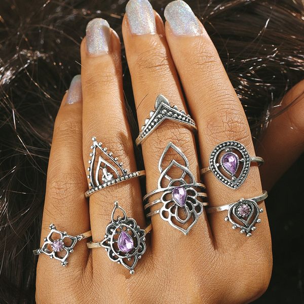

whole saleboho 7pcs/set retro silver geometry purple crystal finger ring carved flower hollow midi knuckle rings for women party jewelry, Golden;silver