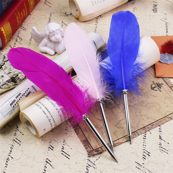 

fashion feather pen quill ballpoint pen 14colors ballpoint pens for wedding gift office school writing supplie t1i335, Blue;orange