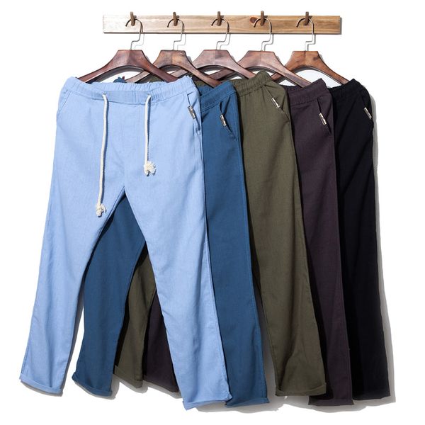 

brand men pants 2018 fashion design beige gray linen loose trouser pants casual stylish straight long pantalon homme 5xl, Black