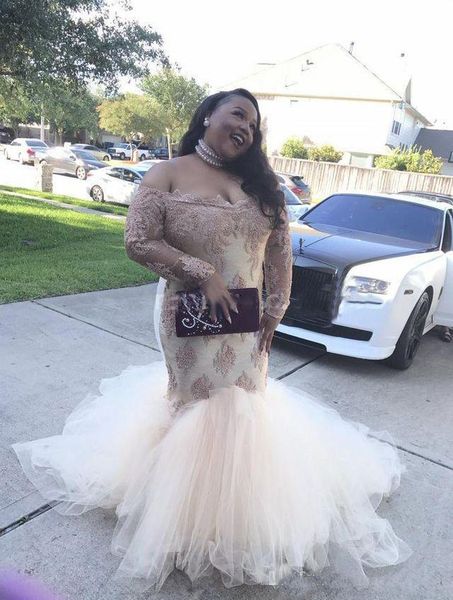 

African Nigerian 2019 Plus Size Mermaid Prom Dresses Long Sleeves Lace Applique Floor Lenth Formal Prom Party Gowns vestidos de Noiva