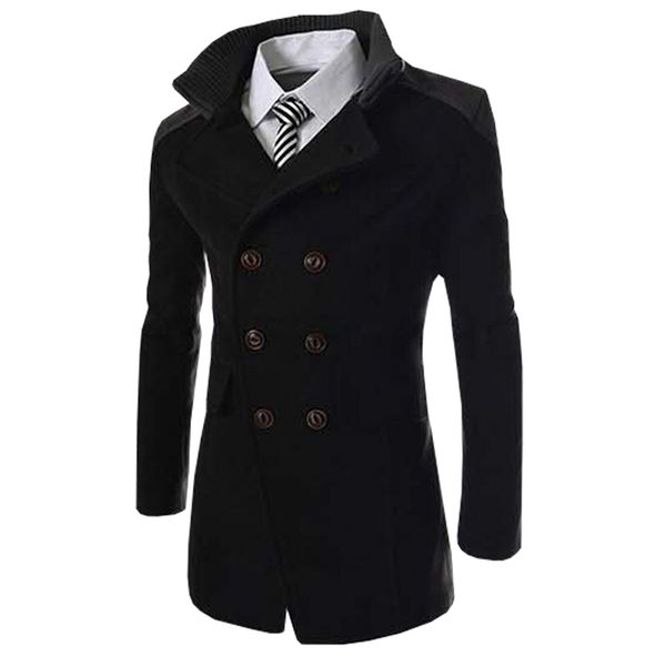 

autumn long wool coat men fashion turn-down collar wool blend double breasted pea coat jacket men overcoats, Black