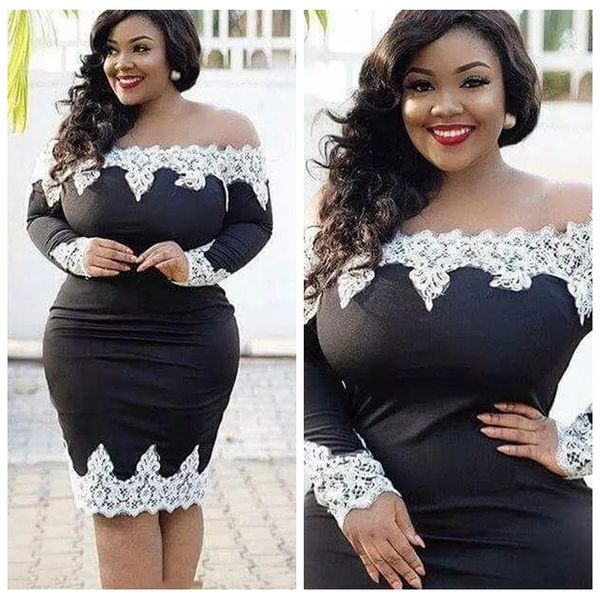 

2019 bateau long sleeves black short cocktail dresses sheath knee length plus size prom dresses long sleeves party gowns