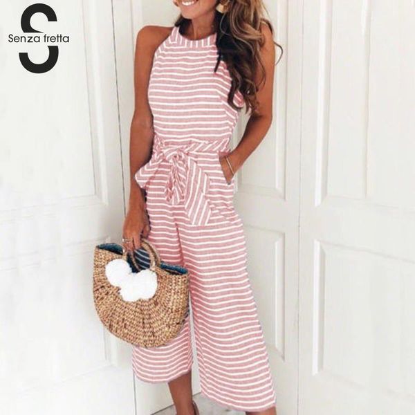 

senza fretta summer jumpsuit women sleeveless striped jumpsuit casual wide leg pants outfit women bodysuits zlp6144, Black;white