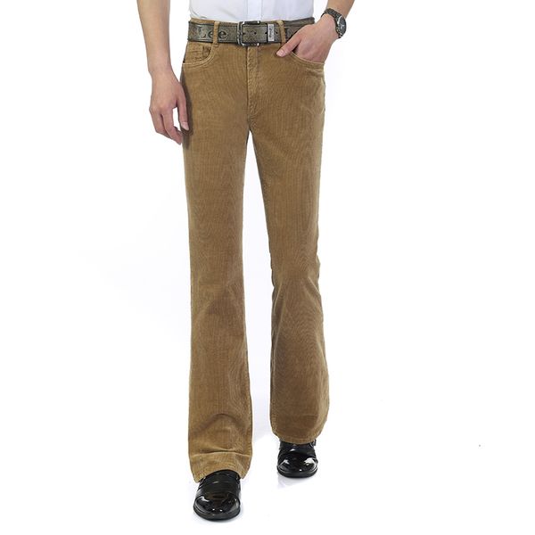 

new arrival men's autumn corduroy boot cut pants male mid waist business casual candy color flares corduroy trousers 082503, Black