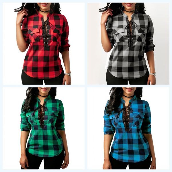 

women plaid shirts 2018 spring long sleeve blouses shirt office lady cotton lace up shirt tunic casual plus size, White