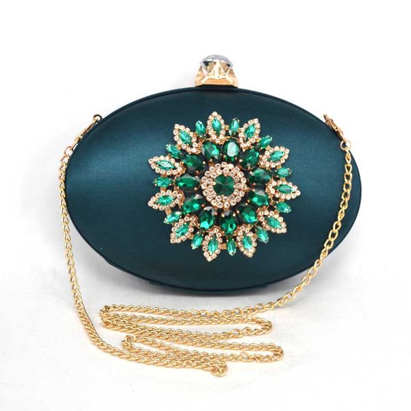 

new women satin clutch bag green crystal flower oval hard case day clutches ladies evening bag woman shoulder handbag bolsas z99