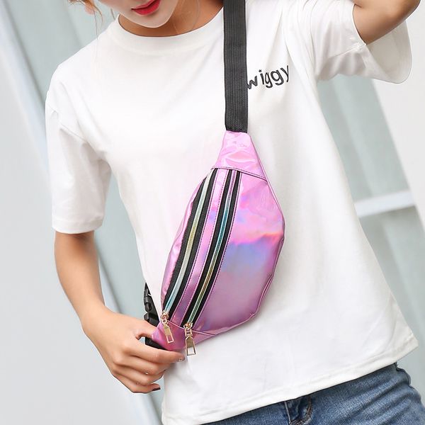 

women's waist bag 2018 fashion laser patent leather glossy waist pack women small chest bag messenger bags mini phone women