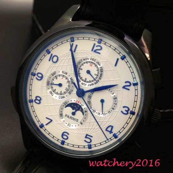 

44mm white dial pvd coated black leather strap date window moon phase blue marks automatic movement men's watches, Slivery;brown