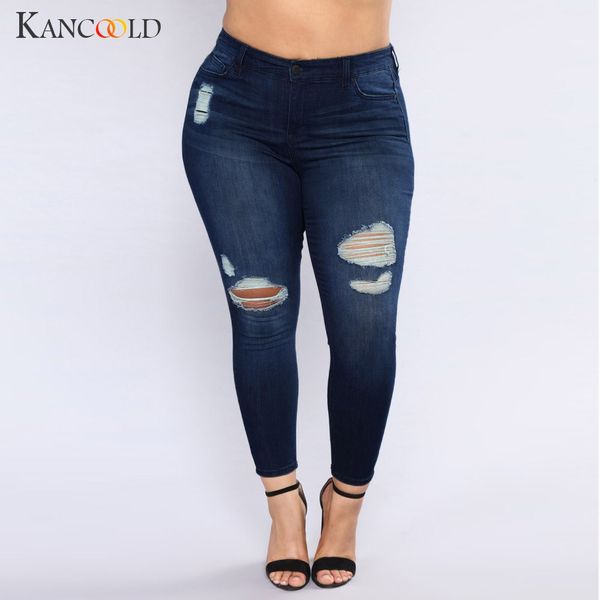 

kancoold jeans women fashion plus size ripped stretch slim denim skinny jeans pants high waist trousers woman 2018oct23, Blue