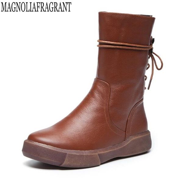 

genuine leather women boots fashion flat boots new women shoes simple botas mujer lace up leisure middle mm128, Black