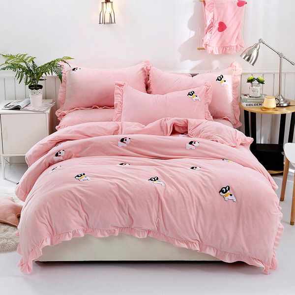 Yellow Grey Pink Bedding Set Fleece Warm Bed Sheet Queen King Size