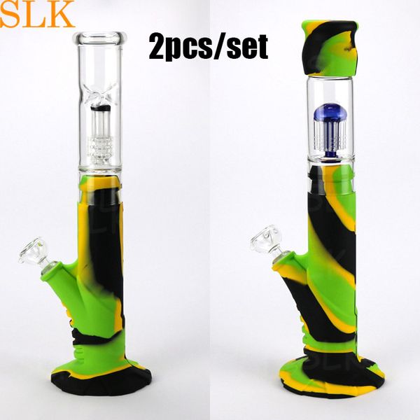 Katlanabilir Çift Perkolator Silikon Bong Bong Nargile, Silikon Alt 14mm Cam Kıç Dow Dab Dab Heady Yağ Teçhizatları 2 PCS/ LOT