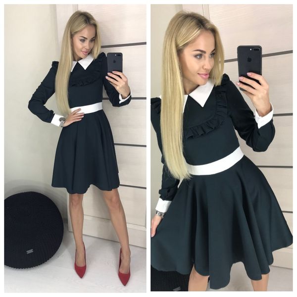 

2018 new women autumn dress white patchwork peter pan collar ruffles fit and flare long sleeve casual dresses office vestidos, White;black