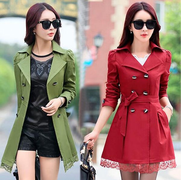 

wholesale- women trench coat fashion plus size lace slim double-breasted trench coats female casual windbreaker outwear casaco femin, Tan;black