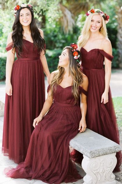 

2019 burgundy bridesmaid dresses country style off shoulder beach wedding party guest dresses maid of honor dress tulle long, White;pink