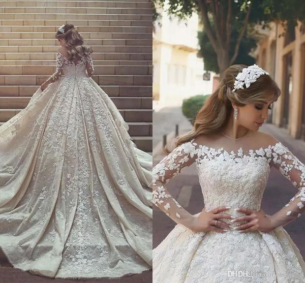 

2018 new arrival luxurious sheer neck wedding dresses lace appliques illusion back long sleeves cathedral train wedding bridal gowns custom, White
