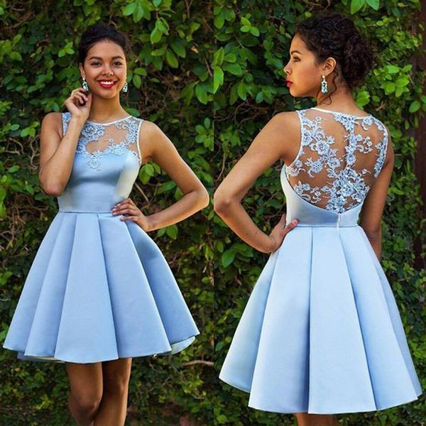 

light sky blue mini homecoming dresses sheer neck sleeveless appliques lace see through back short prom dresses vestidos de fiesta, Blue;pink