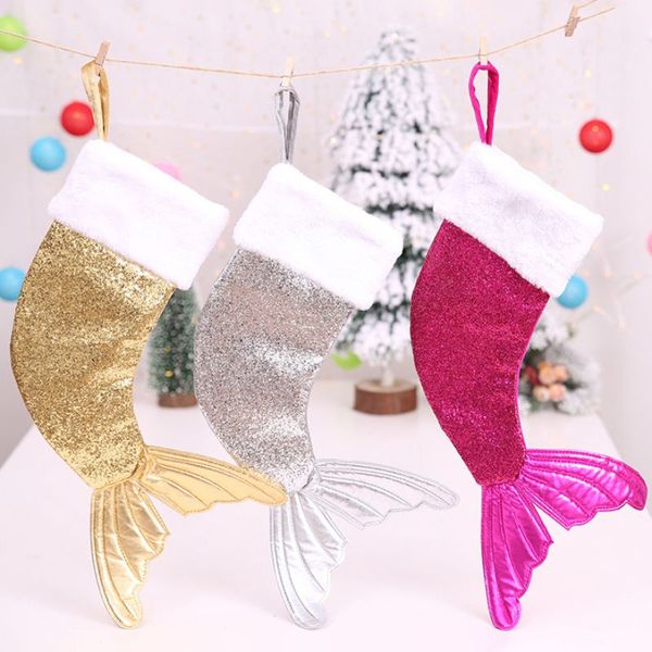 Noel Çorap Hediye Çantası Sahipleri Sequins Mermaid Kuyruk Çocuklar Şeker Çanta Noel Dekorasyon Ev Noel Ağacı Süsler için 3 Renkler